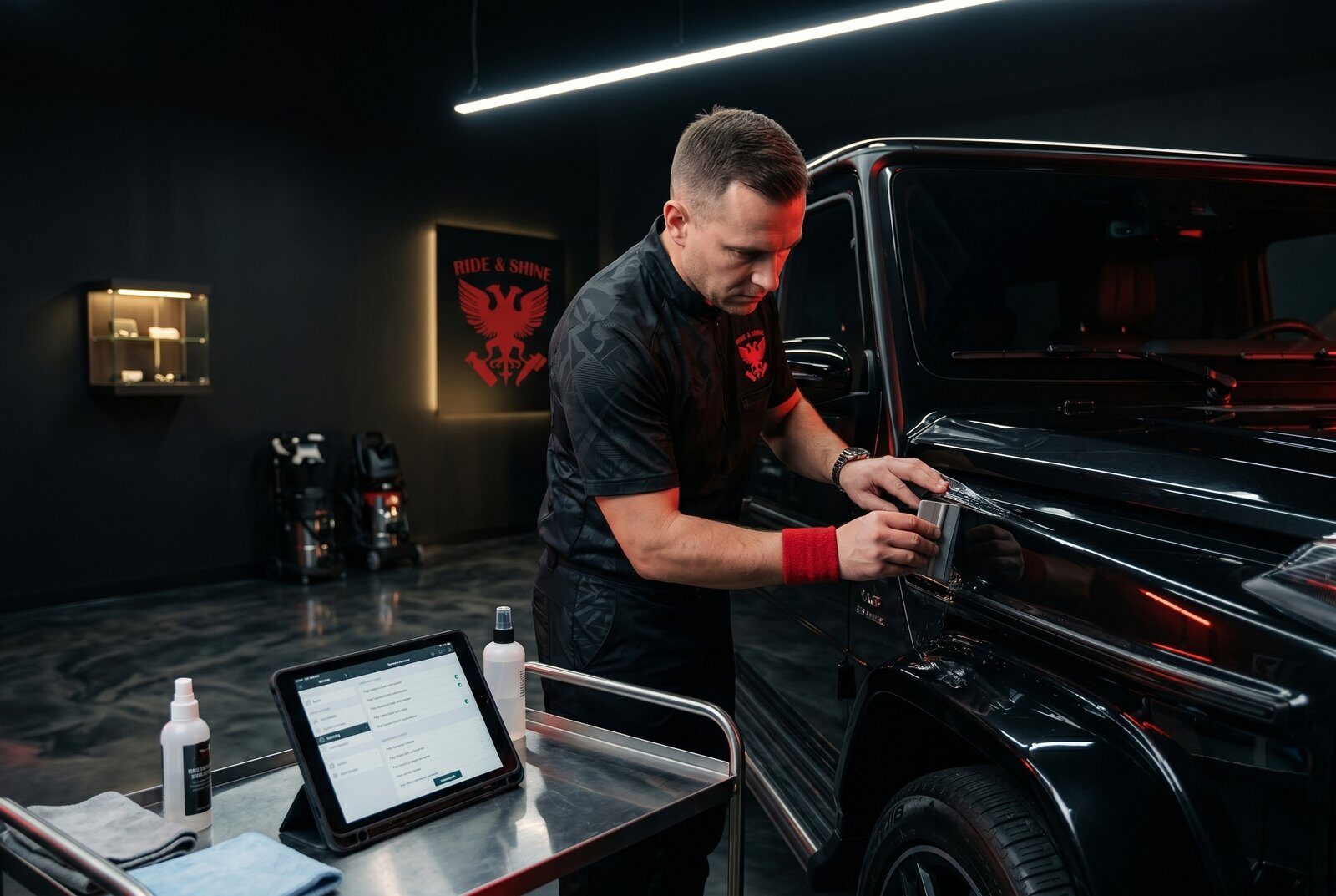 A Ride & Shine detailer applying paint protection film to a black Mercedes G-Class, with a digital inspection sheet open on a tablet